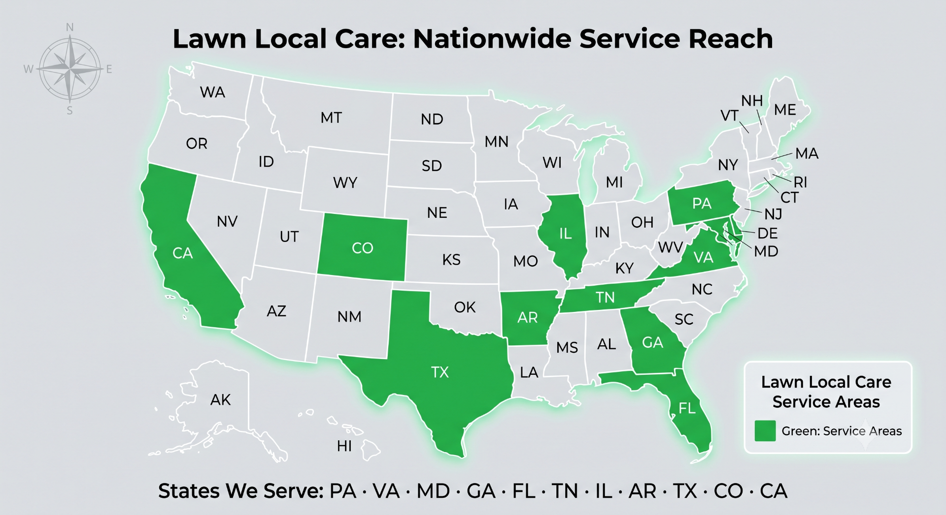 Map of the United States highlighting the 11 states Lawn Local Care serves: Pennsylvania, Virginia, Maryland, Georgia, Florida, Tennessee, Illinois, Arkansas, Texas, Colorado, California