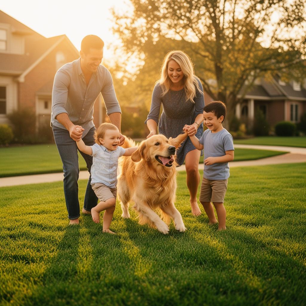 Family playing with their dog on a healthy green lawn at golden hour