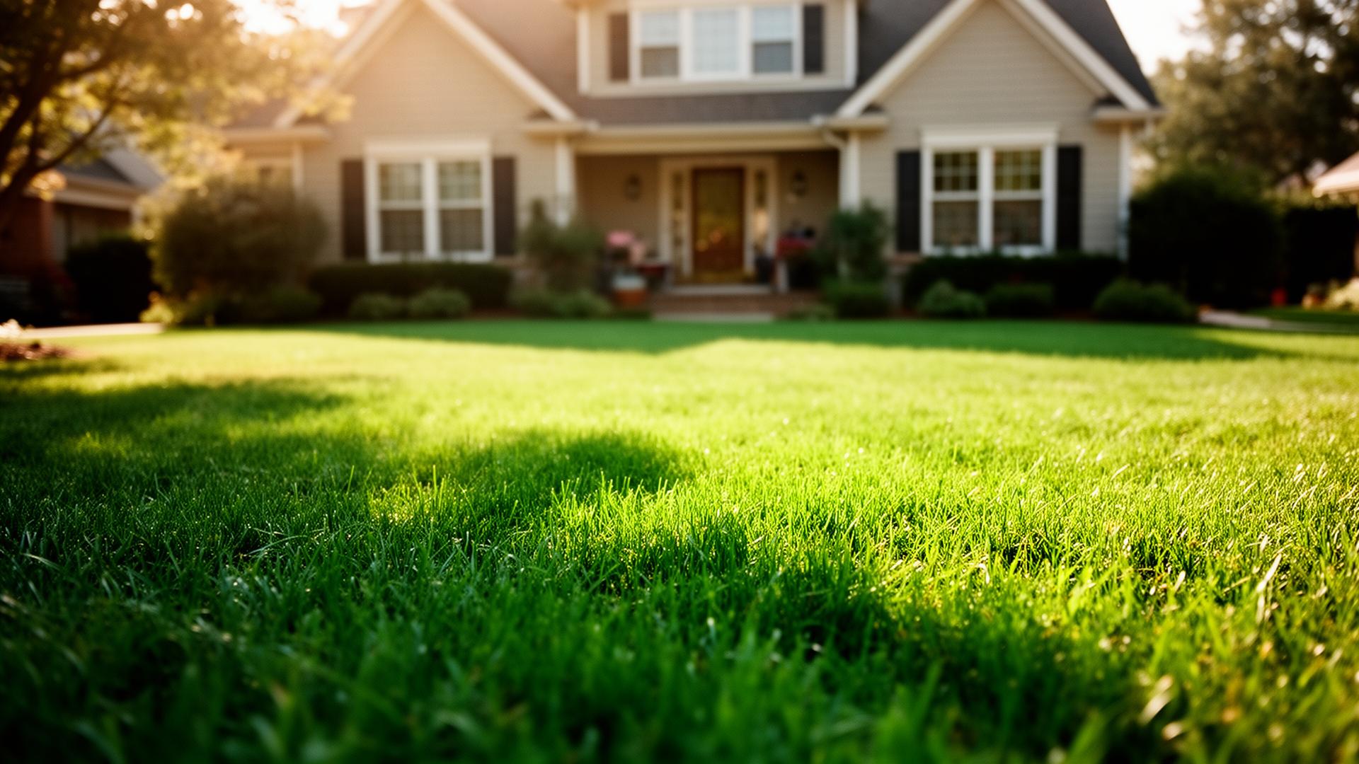 Thick, healthy green lawn in front of a suburban home